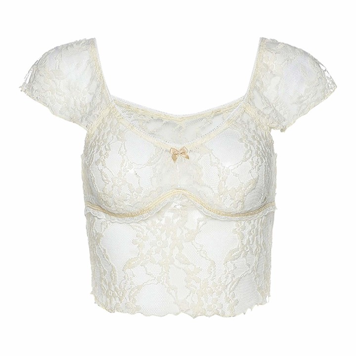 Freebily Y2K Floral Mesh Tops Sexy Transparent Squre Collar Short