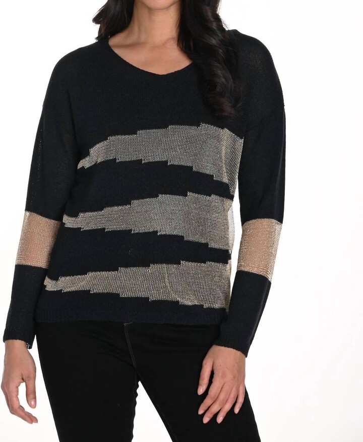 Frank Lyman Knit Long Sleeve Top In Black & Gold