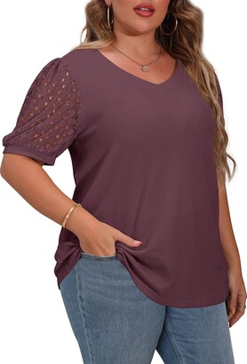 OLRIK Plus Size Tops for Women Summer Blouse Waffle Knit Short Lace Sleeve  Shirts Wine Red-2X - ShopStyle