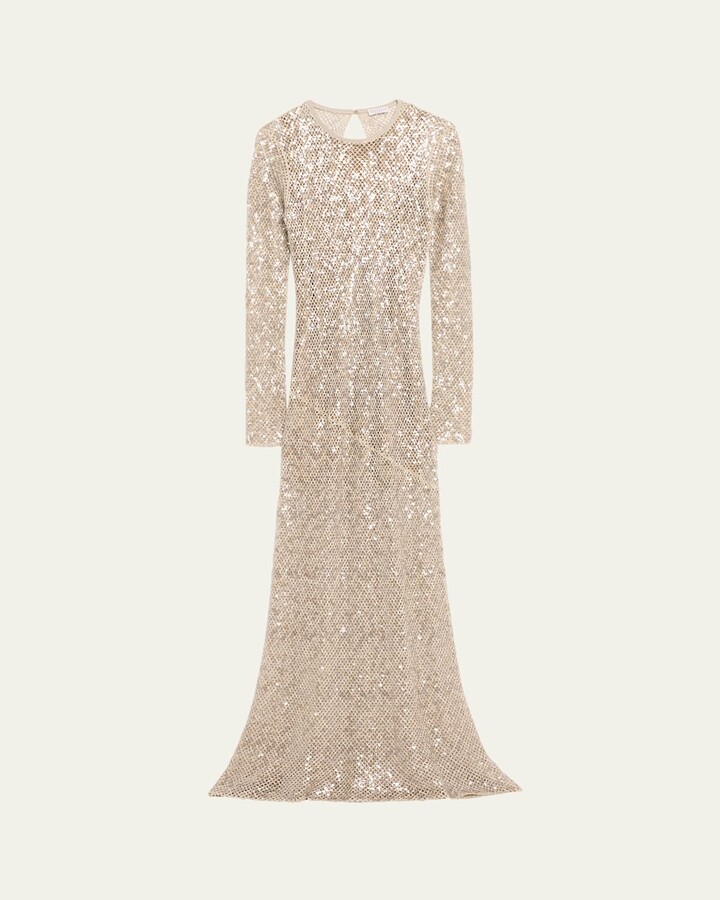 Brunello Cucinelli Paillette Net Knit Long-Sleeve Maxi Dress
