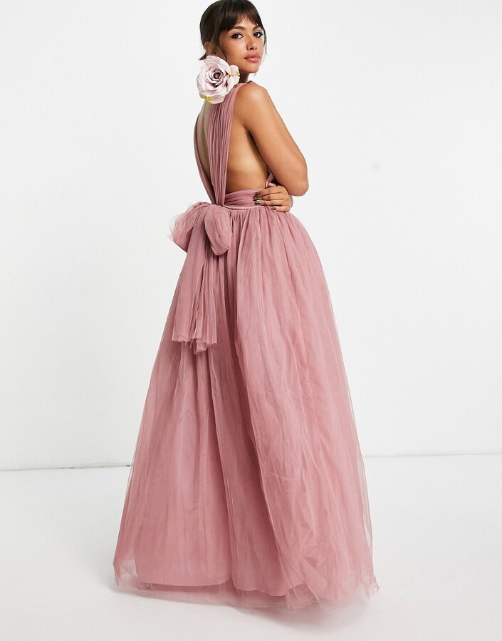 ASOS DESIGN Bridesmaid flutter sleeve maxi dress with satin trim detail and  wrap skirt