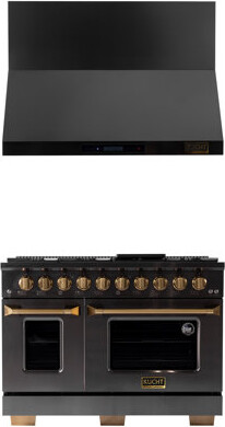 Kucht Gemstone 48 In. 6.7 Cu. Ft. 8-Burners Dual Fuel Range For Propane Gas In Titanium SS + Wall Mount Range Hood