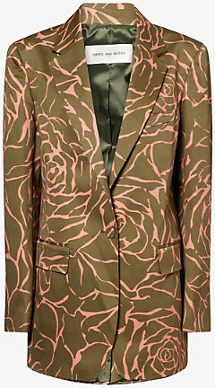 Dries Van Noten Womens Khaki Notch-Lapels Printed Cotton Blazer 8