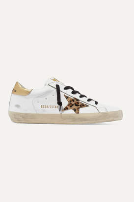 Golden Goose Superstar Distressed Leather And Leopard-print Calf Hair Sneakers - White