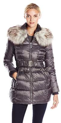 Betsey Johnson Women's Long Puffer Coat With Faux Fur and Belt