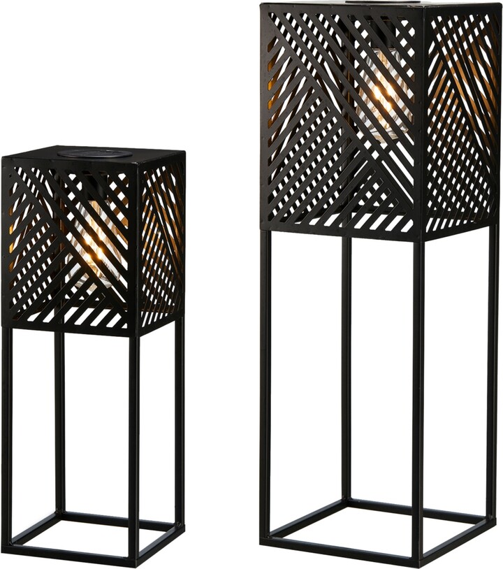 Glitzhome 23.75" H, 17.75" H Set of 2 Metal Stripes Geometric Solar Powered Edison Bulb Outdoor Floor Lantern or Planter Stands