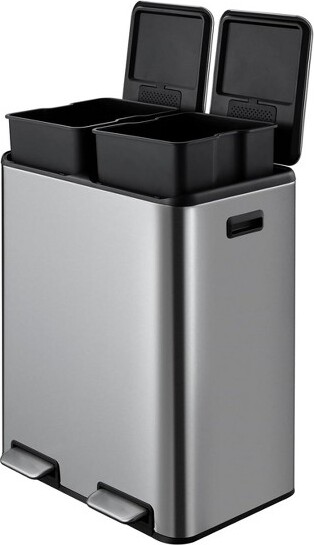 LinTimes 2x8GallonDualCompartmentTrashCanforKitchen-StainlessSteelStepGarbageBinwithRemovableBuckets&Soft-CloseLidRecycling&Waste