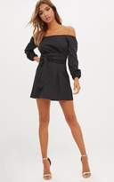 Thumbnail for your product : PrettyLittleThing Blue Pinstripe Bardot Tie Waist Shift Dress
