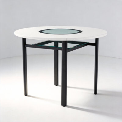 Modern Minimalist White Round Dining Table with Glass Inlay and Metal Base, 42-Inch Diameter, Suitable for 4-6 People, Ideal for Dining, Living Room,