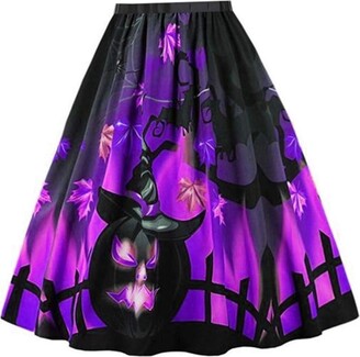 777 Women's 50s Pumpkin Lantern Print Skirt Halloween Retro Ladies High Waist Casual A-Line Holiday Dress Up Dresses Purple