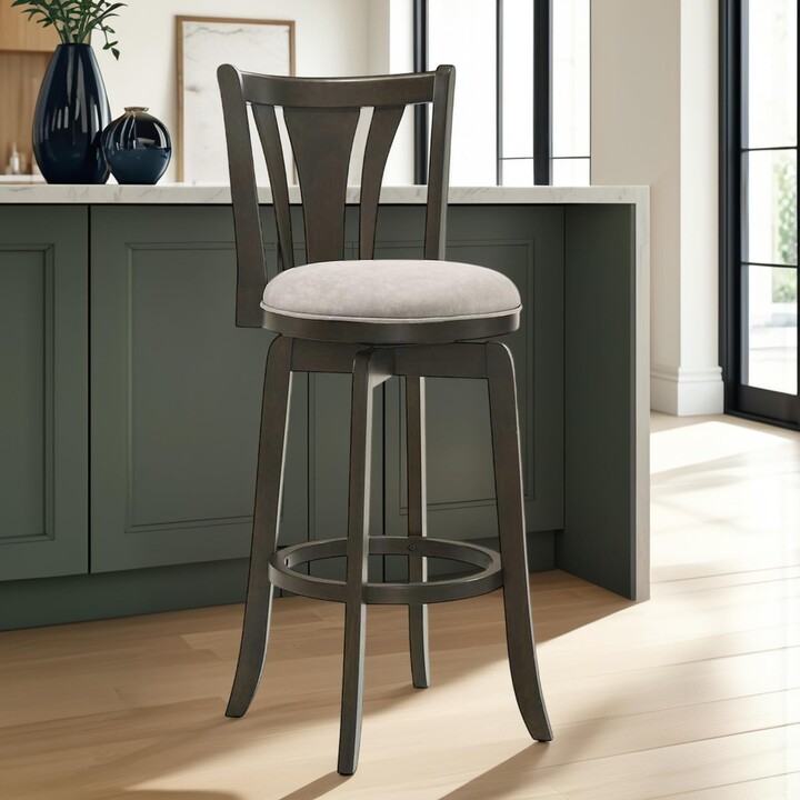 Armen Living Elle 26 in. Dark Roast Counter Height Rubberwood Swivel Barstool with Grey Fabric Seat - Set of 3