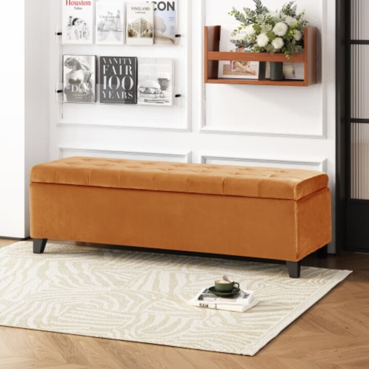 50" Velvet Tufted Storage Bench, Upholstered Lift-Top End of Bed Bench with Hidden Storage for Bedroom or Living Room-The Pop Home - Burnt orange