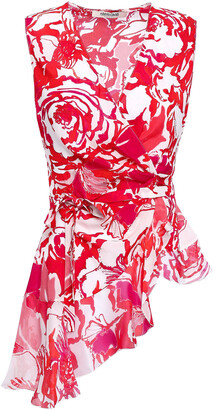 Roberto Cavalli Asymmetric Ruffled Floral-print Silk-chiffon Wrap Blouse