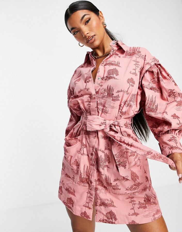 ASOS DESIGN tuck sleeve belted shirt dress in toile de jouy print