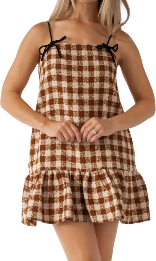 Aureum Velvet Bow Trim Tweed Mini Dress In Brown