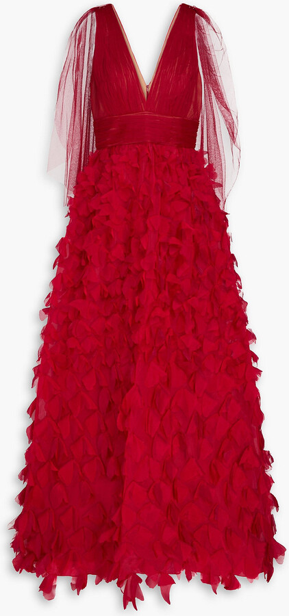 Appliquéd plissé-tulle and organza gown