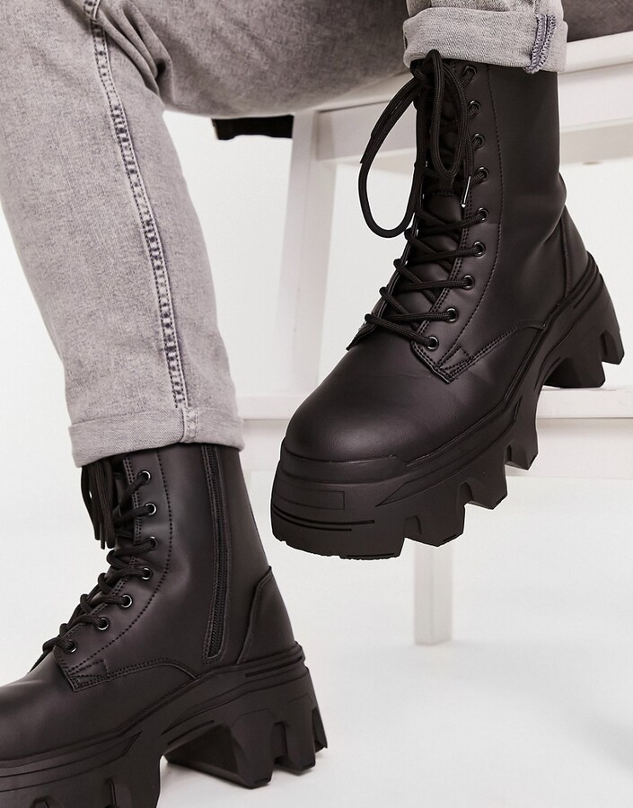 ASOS DESIGN lace up calf boot with chunky sole in black faux leather -  ShopStyle