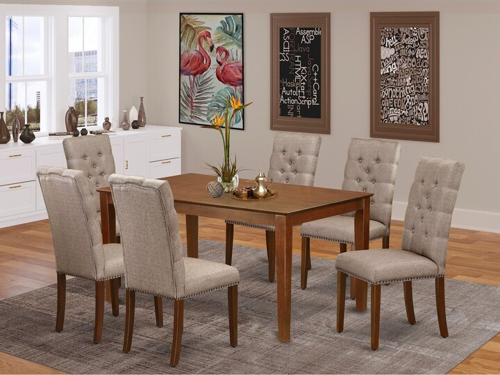 East West Furniture 7-Piece Dining Table Set - 6 upholstered Dining Chairs  and Wood Dining Table - Button Tufted - ShopStyle