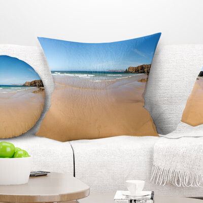 Design Art Calm Sandy Coastline Panorama - Sea & Shore Printed Throw Pillow