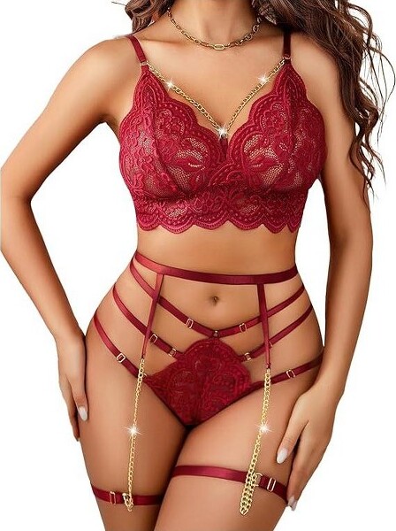 Avildlove AvidloveWomen'sLingerieSet3PieceGarterLingerieLaceBraandPantySetWineRedL