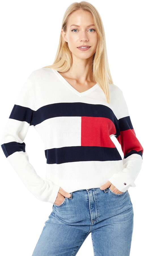 Tommy Hilfiger Women's V-Neck Stripe Sweater Blue/White 