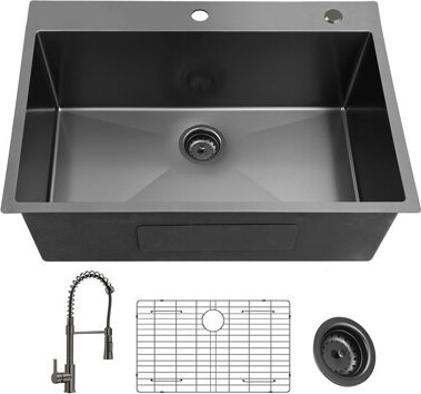 HLILish 33Inch Topmount 18Gauge Stainless Steel Kitchen Sink With Black Spring Neck Faucet