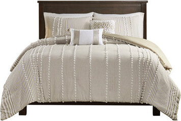 TUOXIN Cotton Dyed Comforter - Soft Taupe And White Chenille Details White Stripes  Fluffable
