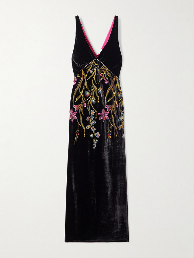 Loretta Caponi - Zaffiro Embroidered Crystal-embellished Velvet Midi Dress - Black