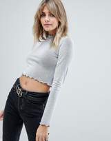 Thumbnail for your product : ASOS Design DESIGN long sleeve crop top with lettuce edge in gray-White