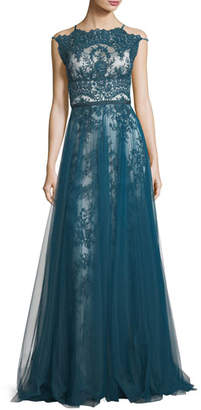 Catherine Deane Harlow High-Neck Sleeveless Lace Evening Gown