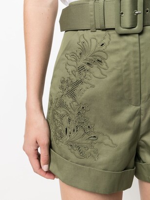 Self-Portrait Embroidered Belted-Waist Shorts