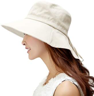 Siggi Womens Wide Brim Summer Sun Flap Cap Hat Neck Cover Cord Cotton UPF 50+ Beige
