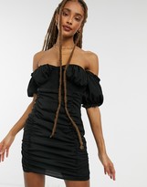 Thumbnail for your product : In The Style x Shaughna puff sleeve shirred mini dress in black