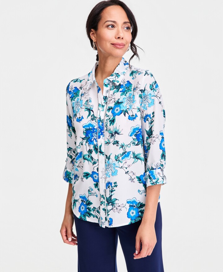 JM Collection Women's Printed Rhinestone-Button Shirt, Macy's Exclusive