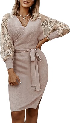 Flybony Womens V-Neck Sweater Dress Long Sleeve Wrap Slit Maxi Dress with Belt 