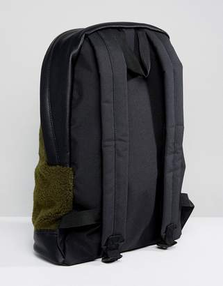 ASOS Backpack In Khaki Borg With Faux Leather Trims