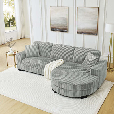 Mercer41 Corduroy Tufted Upholstered Sleeper Sectional Sofa, L-Shaped Modular Convertible Sofa , The arc-shaped footstool can be placed freely on the left and