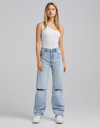 Bershka dad jeans with rip detail in bleached wash - ShopStyle