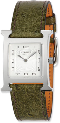 Hermes Heure H MM Watch with Green Ostrich Leather Strap