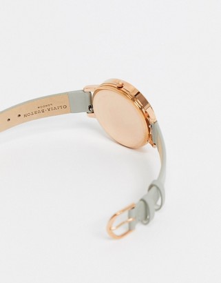 Olivia Burton large dial leather watch in grey and rose gold