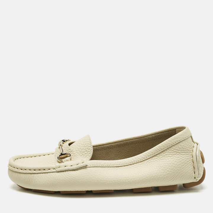 Gucci Ivory Leather Horsebit Driver Loafers Size 36.5