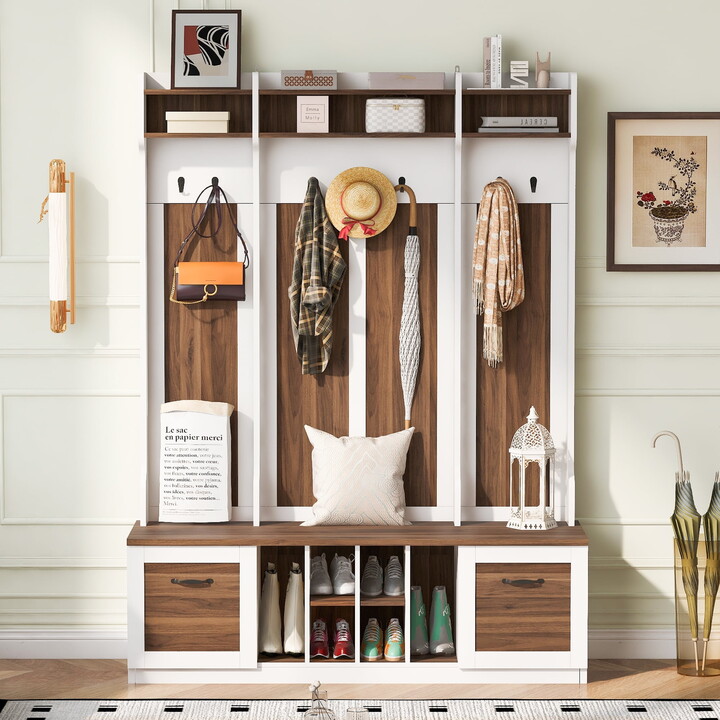 Euroco Entryway Bench with Coat Rack, 7 Sturdy Hooks, 2 Spacious Drawers and Adjustable Shelves, 58.8'' Wide Hall Tree with Metal Handles