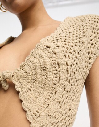 ASOS DESIGN crochet mix mini dress with tie detail in burnt sand