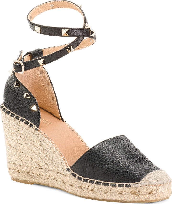 Maypol Made In Spain Leather Closed Toe Studded Wedge Espadrilles