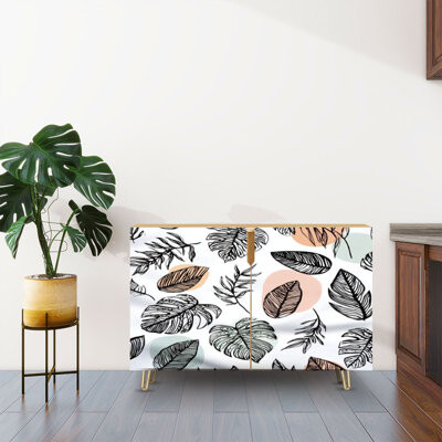 Dakota Fields Sideboard Buffet Cabinet with Storage Summer hand drawn leaves Exotic tropical leaves with 2 Doors for Living Room and Kitchen