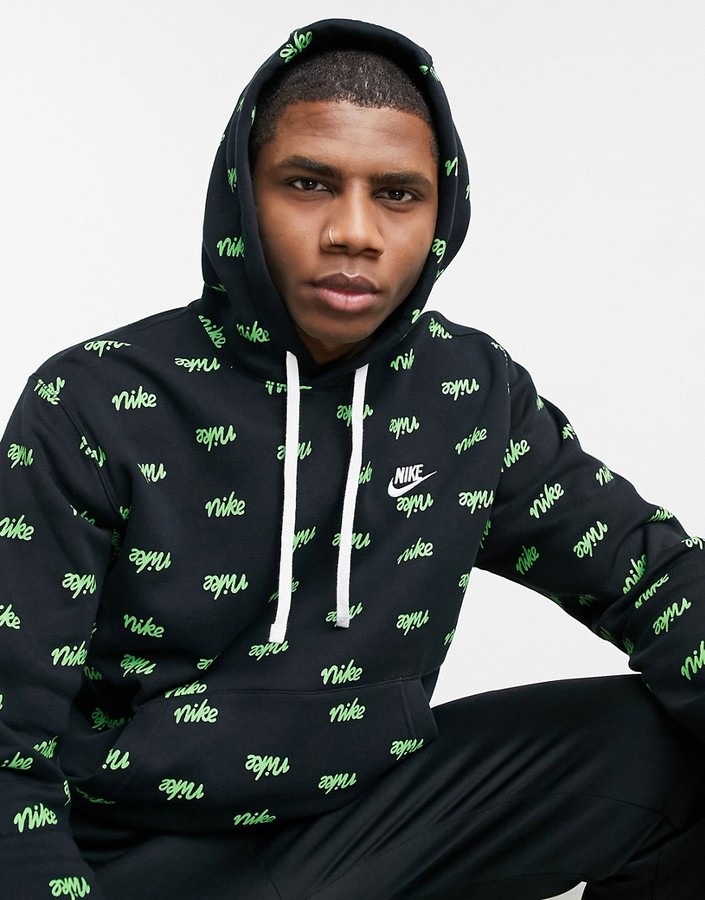 Nike Club all over script logo hoodie in black - ShopStyle