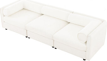 Wrought Studio Elegant White Chenille Sofa With Storage Seat Cylindrical Backrest And Armrests Contemporary 3-Seater Fabric Couch With Hidden Storage Compartment