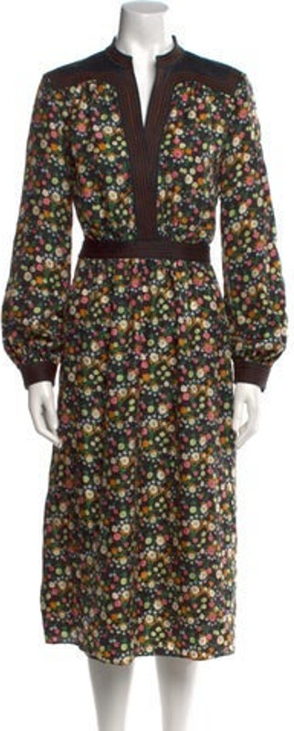 Tory Burch Silk A-Line Dress Black Floral Print Embroidered Accent Long Sleeve with V-Neck Concealed Zip Closure at Side Designer