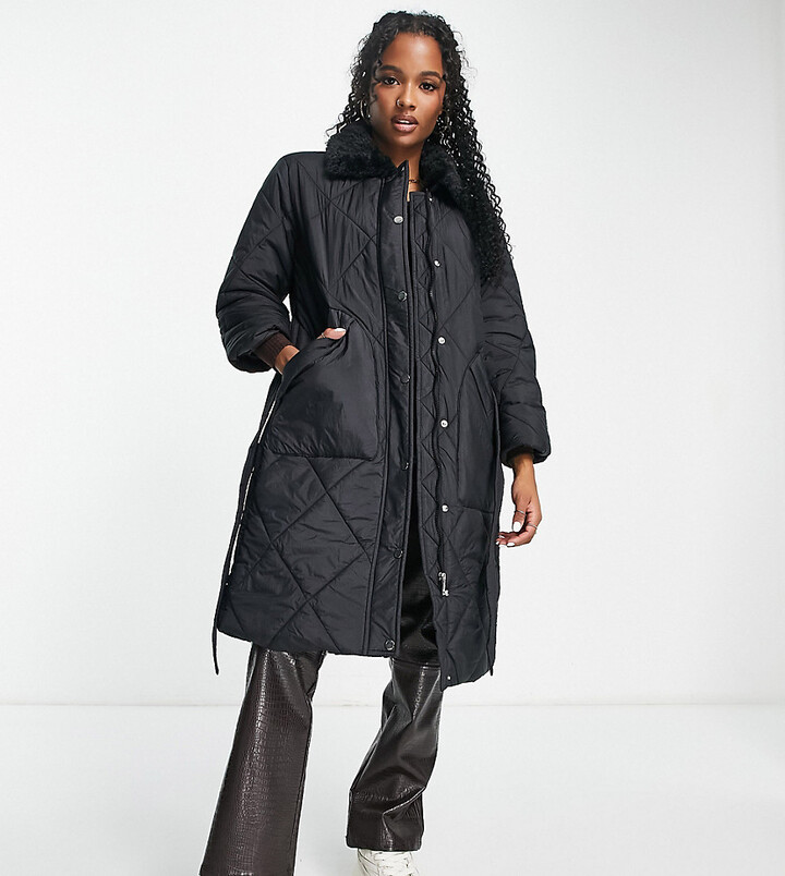 QED London Petite diamond quilt belted coat in black - ShopStyle
