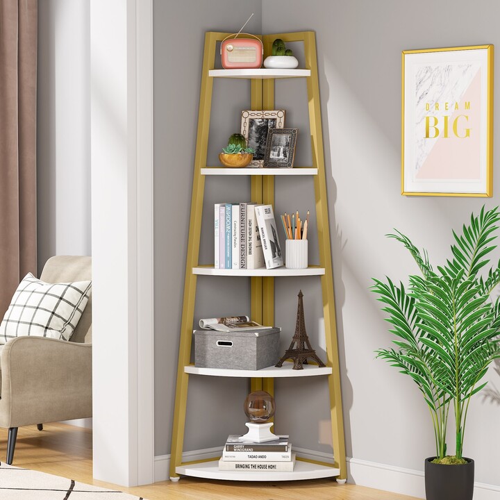 LEE Furniture Brown/ Black Corner Ladder Shelf,5 Tier Corner Bookshelf  Bookcase, White/ Gold 70 Inch Tall Display Rack for Small Space - ShopStyle